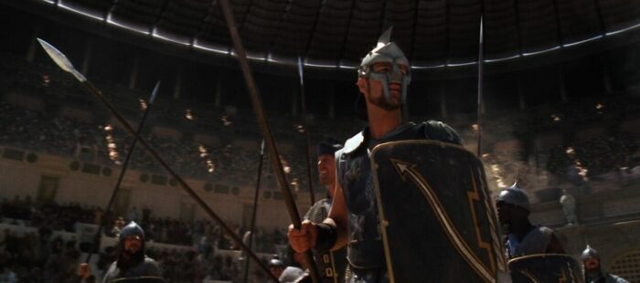 Low angle wide shot of Russell Crowe in Gladiator