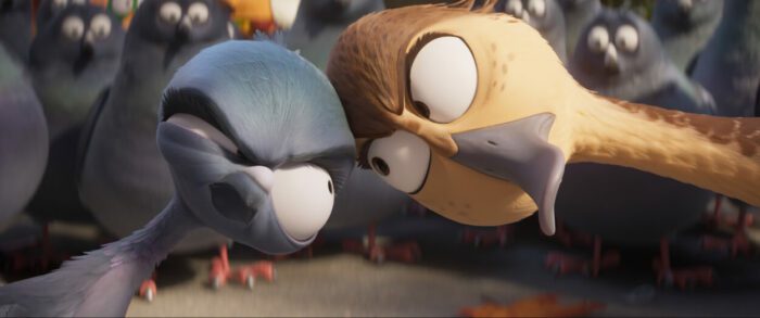 (from left) Chump (Awkwafina) and Pam (Elizabeth Banks) in Illumination’s Migration, directed by Benjamin Renner. Diminutive, crusty pigeon Chump locks eyes with an equally determined Pam the duck.