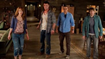 A woman and three men stand in front of a threat in The Cabin in the Woods