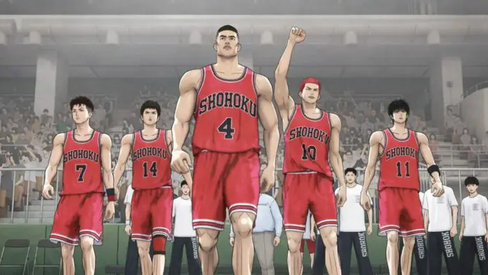 The Shohoku High School basketball team gets ready for their game in this shot from <em>The First Slam Dunk.