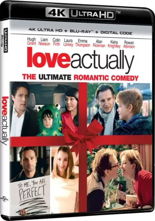 Cover of 4K disc of Love Actually showing scenes from the film wrapped in a bow.