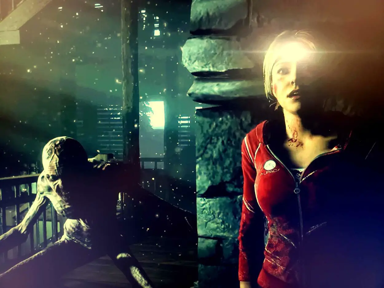 Hayden Panettiere as Samantha Giddings encountering a wendigo in the video game Until Dawn (2015). Screen capture. ©2015 Sony Computer Entertainment. Young lady in a red track jacket and blood covered jeans hiding from a wendigo stalking her.