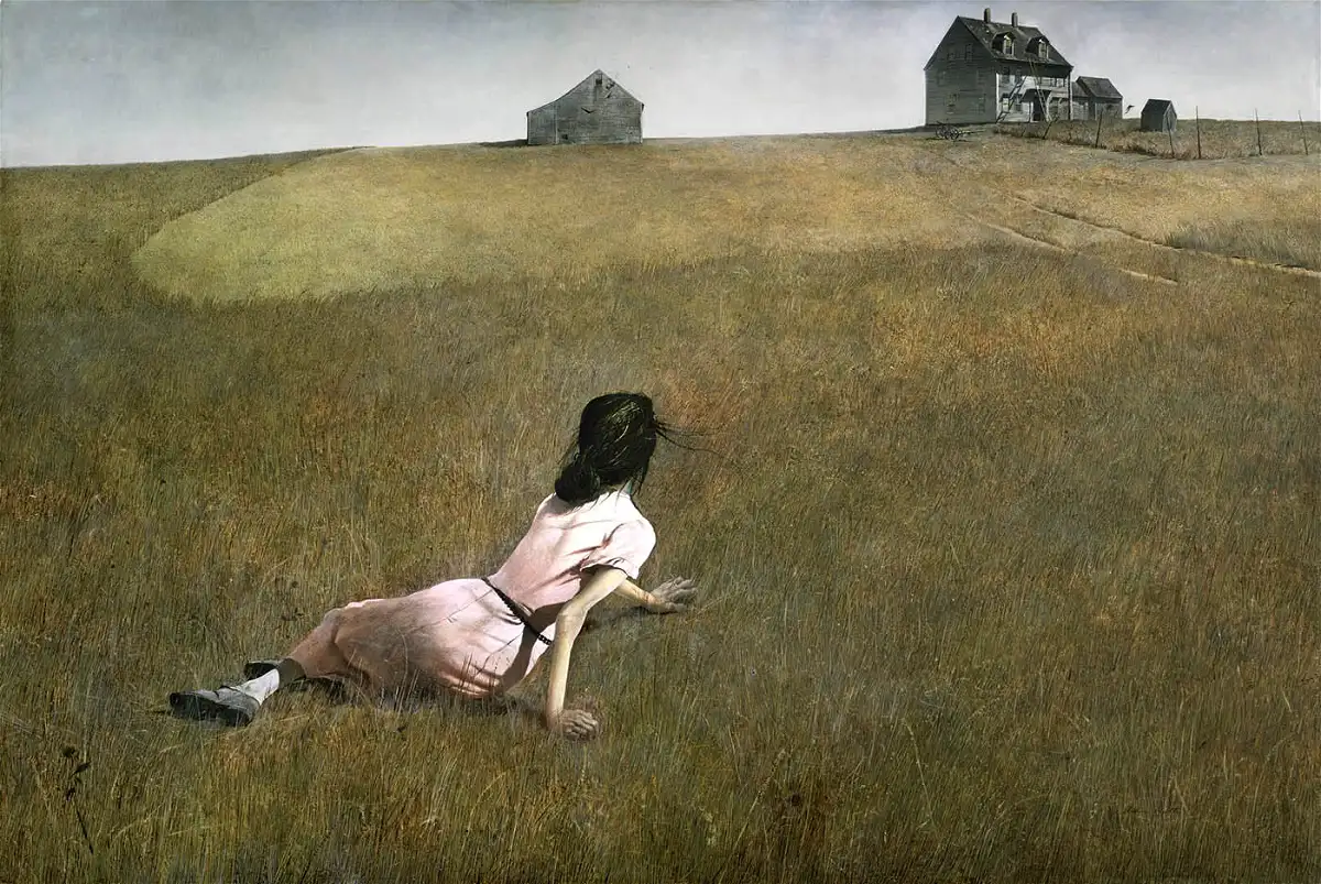 Wyeth's painting showing a woman siting on a grass and facing towards a distant house.