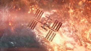The International Space Station floats above a flaming sky in I.S.S.