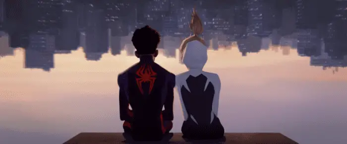 Spider-Man and Spider-Gwen hang upside down and look at the New York City skyline