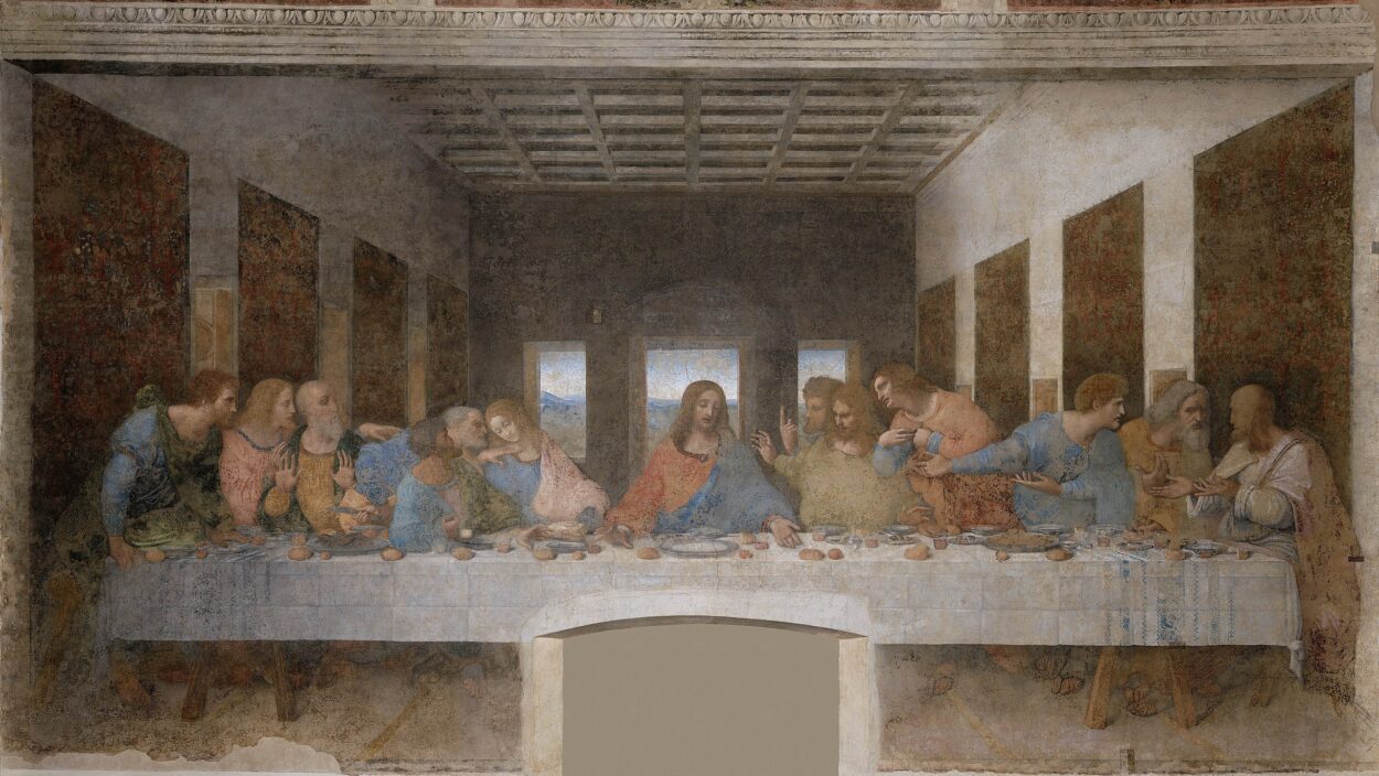 Leonardo da Vinci's painting The Last Supper showing the Apostles and Jesus at the dining table.
