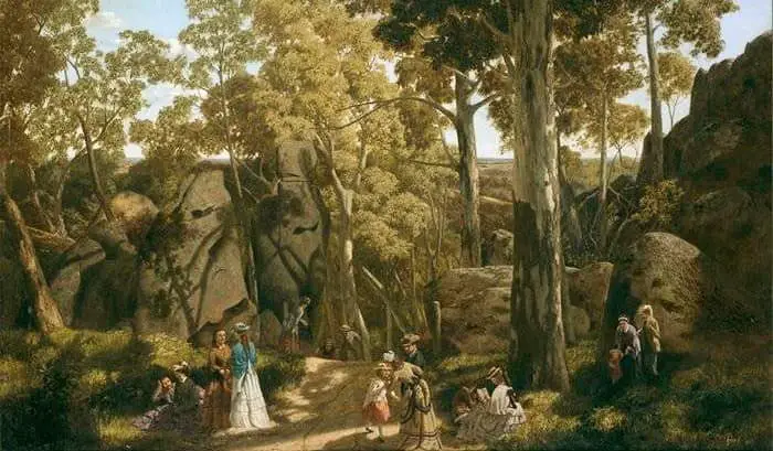 William Ford 's painting At the Hanging Rock, showing a picnic party.