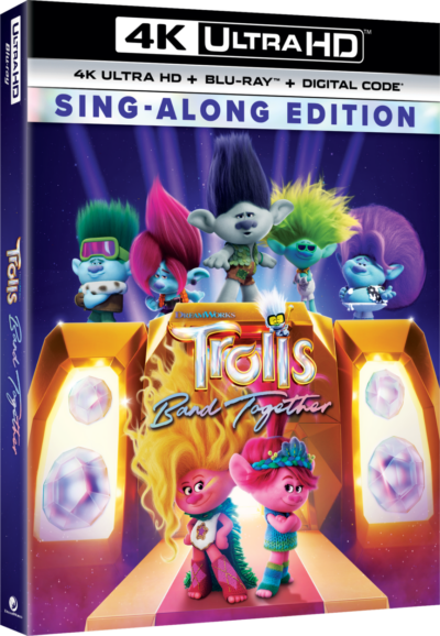 The 4K UHD cover art of Trolls Band Together