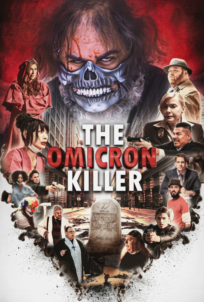 Bai Ling, Jeff Knite, Lynn Lowry, Felissa Rose, Dave Street, Amy Puchini, Imani Gold, Rob Emmer, Deborah Louise Ortiz, Chris Guttadaro, Johnn Careccia, Richard Bernstein, Gabriel Ricardez, as various characters in The Omicron Killer (2024). Poster. © Dark Knites Entertainment. Movie poster featuring several characters from the low budget slasher flick The Omicron Killer.