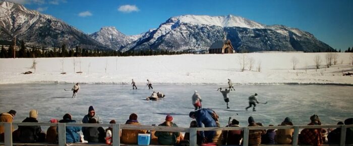 The pristine pond where locals play hockey in Mystery, Alaska (1999). Screen capture off Amazon. Hollywood Pictures/Buena Vista Pictures Distribution.
