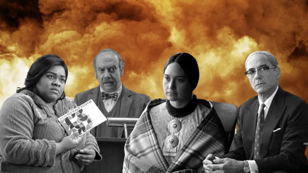 Composite image of Oscar nominees Da'Vibe Joy Randolph, Paul Giamatti, Lily GLadstone, and Robert Downey Jr .in front of an image of a nuclear explosion in Oppenheimer.