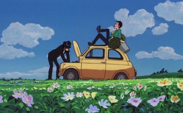 Jigen fixing the little yellow Fiat he and Lupin drive around in. While Eigen's hands are buried in the engine, Lupin is lounging on top.