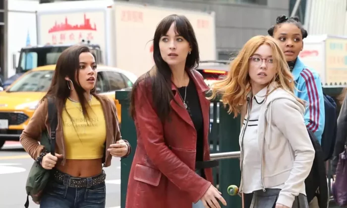 Cassandra, Julia, Mattie, and Anya on a street corner