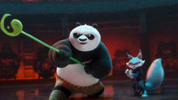 A panda with a staff and a fox stand ready to fight in Kung Fu Panda 4