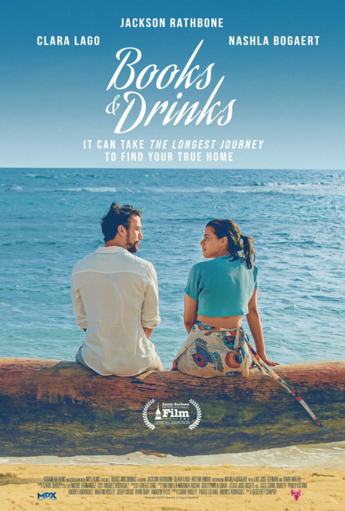 Poster for Books & Drinks featuring the characters David and Maria gazing at each other with the ocean in the background.