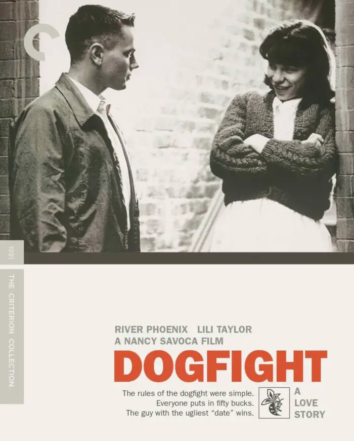 Cover of The Criterion Collection edition of Dogfight on Blu-ray with an image of River Phoenix and Lili Taylr's characters facing each other.