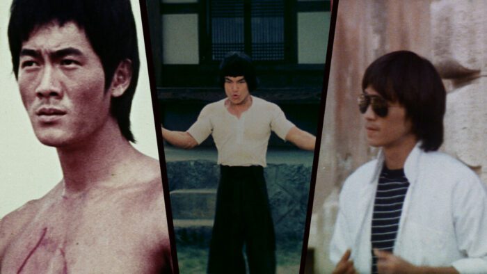 [L-R] Bruce Li, Dragon Lee, Bruce Le in Enter the Clones of Bruce (2023). Severin Films. Three photos of performers who starred in Bruce Lee exploitation films because they resembled the legendary actor.