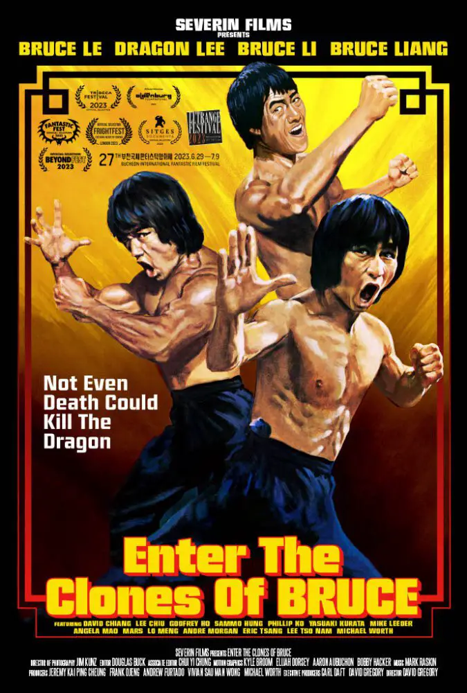 Poster art for ENTER THE CLONES OF BRUCE (2023). Severin Films. Movie poster featuring art work depicting the three most well-known Bruce Lee-alikes: Bruce Li, Dragon Lee, and Bruce Le.