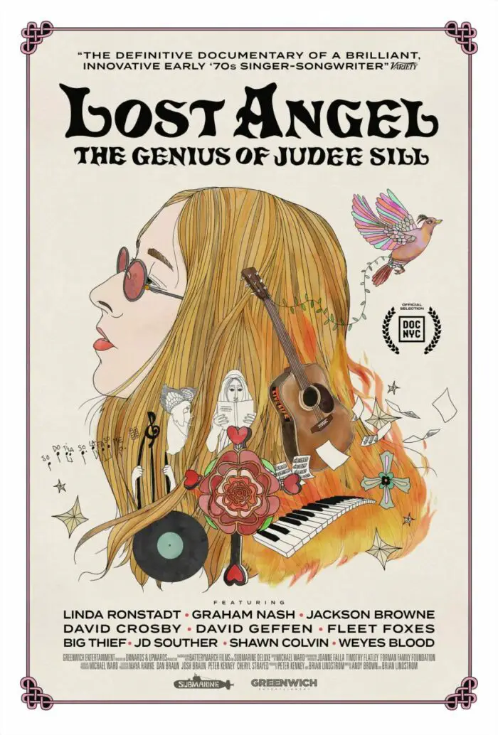Poster art for the documentary Lost Angel: The Genius of Judee Sill. Greenwich Entertainment. Hand movie poster featuring a likeness of Judee Sill, musical instruments, birds, and other reminiscent of doodles from her personal journal.