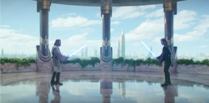Obi-Wan Kenobi and Anakin Skywalker face off with lightsabers in Obi-Wan Kenobi. Photo: Courtesy of Lucasfilm.