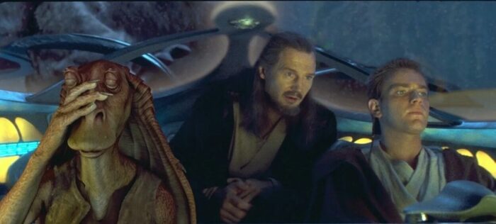 Jar Jar Binks, Qui-Gon Jinn, and Obi-Wan Kenobi travels the waters of Naboo in The Phantom Menace