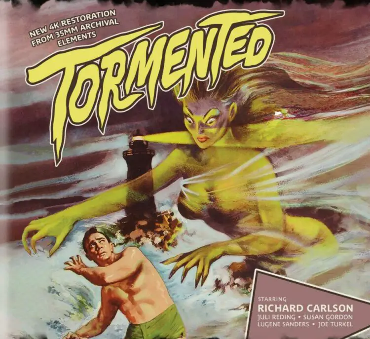Cover art for Tormented poster, a stylized drawing of a spectral sea-spirit woman haunting a barechested man.