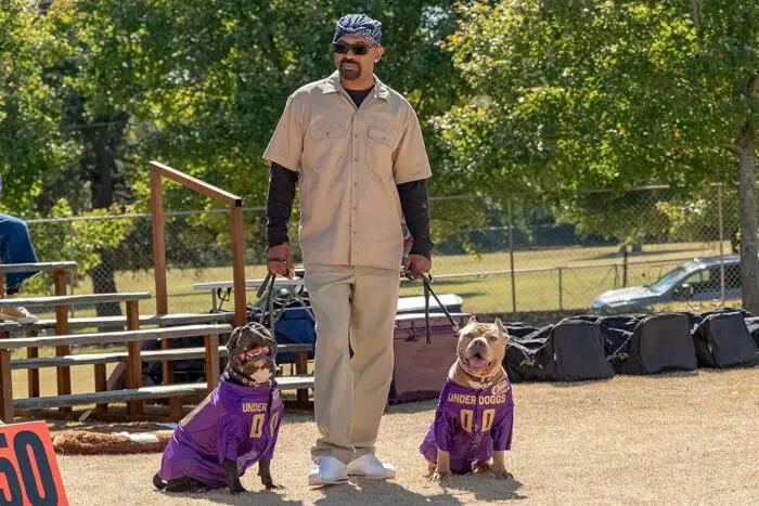 Mike Epps holds the leashes for two mascot pit bulls in The Underdoggs. 