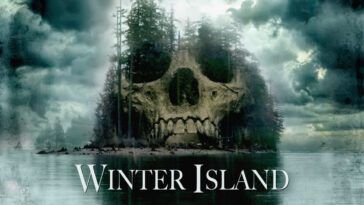 Promotional art for Winter Island. Adventus Films. Terrifying skull blended in with a wooded island on a lake, so it seems like the bones are blended with the trees.