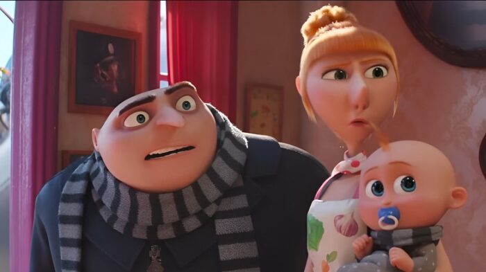 A shot of Gru, Lucy, and Gru Jr. in Despicable Me 4 (Universal Pictures)