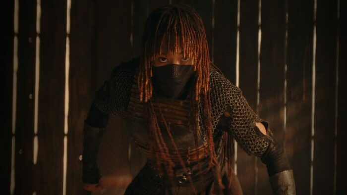 Amandla Stenberg, wearing a mask and girded for battle, in The Acolyte. Photo: Courtesy of Lucasfilm.
