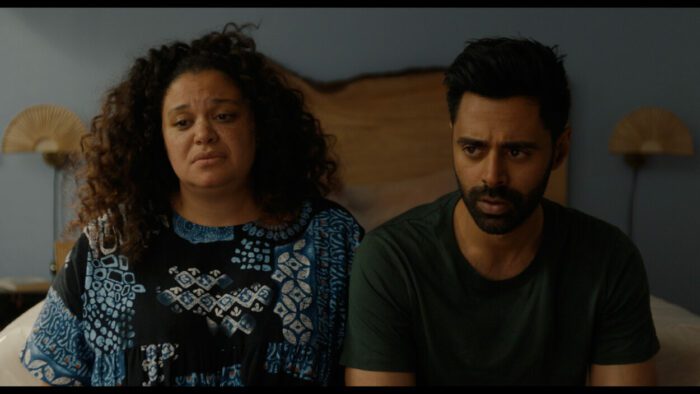 Michelle Buteau and Hasan Minhaj as Dawn and Marty in BABES Photo Courtesy of NEON.