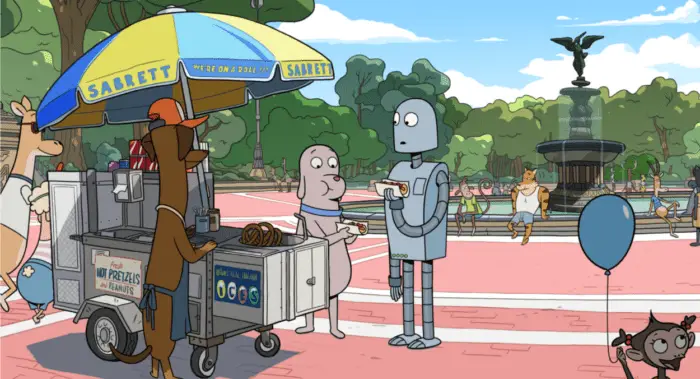 Robot and Dog get hot dogs in New York.