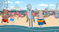 Robot and Dog spend time at the beach.