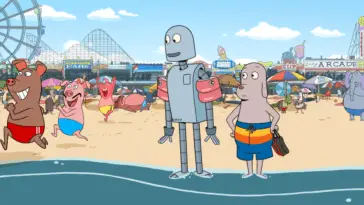 Robot and Dog spend time at the beach.