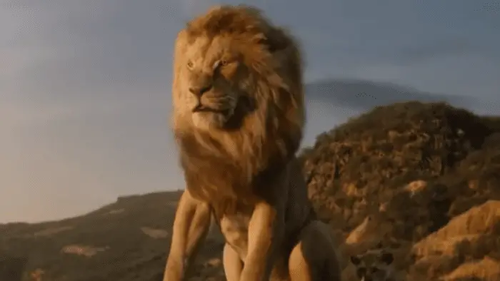 Adult Mufasa stands on Pride Rock
