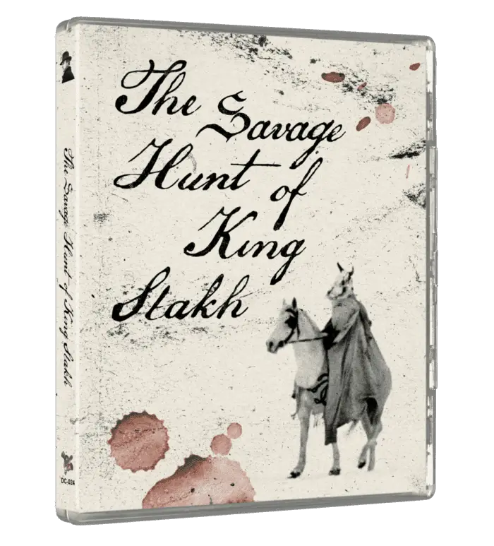 Blu-ray cover for The Savage Hunt of King Stakh, with the film title in rough script and an image of a animal creature riding horseback.