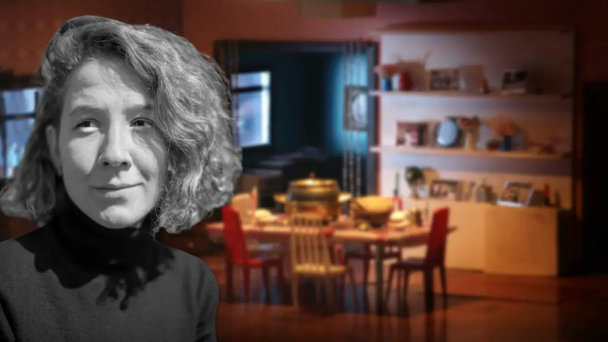 Director Signe Rosenlund-Hauglid is depicted in front of an still image of a kitchen from her film A Home on Every Floor.