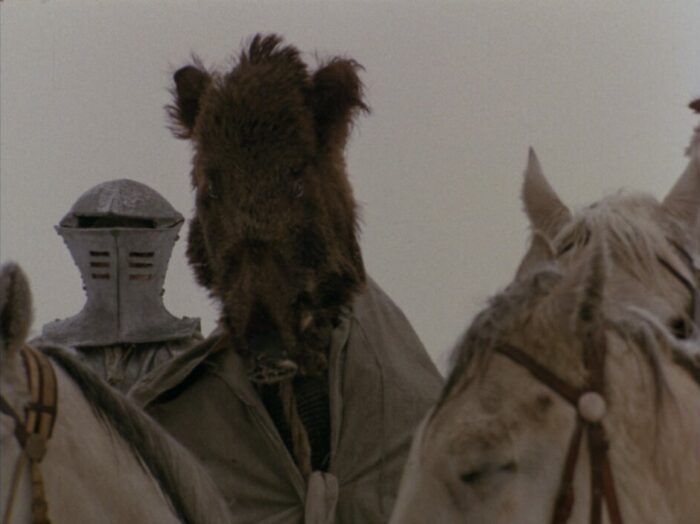 A still from The Savage Hunt of King Stakh depicting a terrifying creature riding a horse.