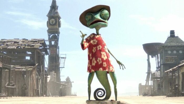 An animated lizard wears a flowered shirt and hit in Rango.