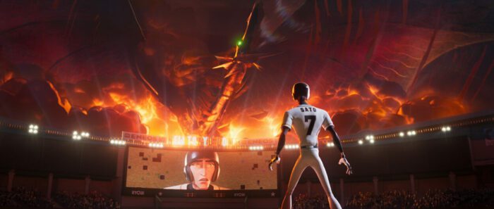 ULTRAMAN: RISING Courtesy of Netflix, Tsuburaya Productions, and Industrial Light & Magic. Cr: Netflix © 2024. In the middle of a baseball game, Ken Sato looks on aghast as a gigantic fiery kaiju rises above the stadium.