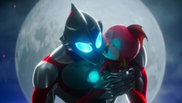 ULTRAMAN: RISING Courtesy of Netflix, Tsuburaya Productions, and Industrial Light & Magic. Cr: Netflix © 2024. The silver and red superhero Ultraman hugs a, tiny in his arm, 35-foot- baby kaiju.