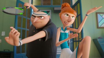 Two people hold martial arts poses in Despicable Me 4.