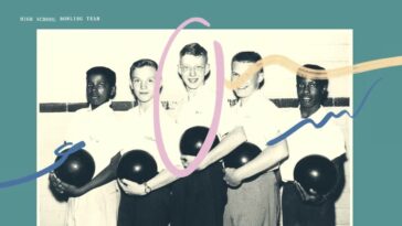 Robert Putnam's high school bowling team, with him centered between four other teammates.