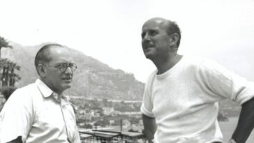 Emeric Pressburger (L) and Michael Powell on the set of The Red Shoes.