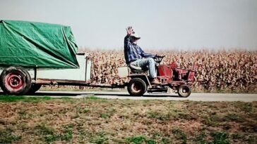 Richard Farnsworth as Alvin Straight in The Straight Story (1999). Screen capture off of DVD. Buena Vista Pictures. Alvin on his lawn mower heading out along a Midwest road, cornfields behind him.