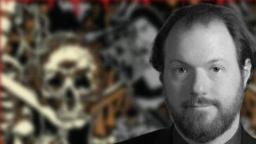 A collage depicting author Nathan Wardinski in front of a detail from the cover illustration of his book Dissecting Cannibal Holocaust.