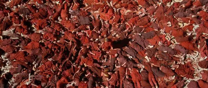 An overhead shot of many dead Buddhists.